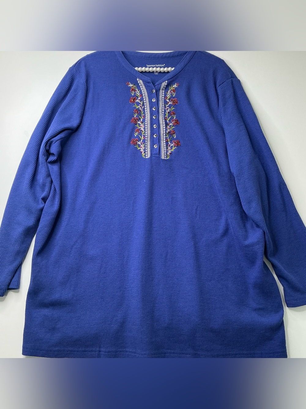 Woman Within Thermal Henley Top Sz 3X Blue Waffle Knit Floral Embroidered Beaded